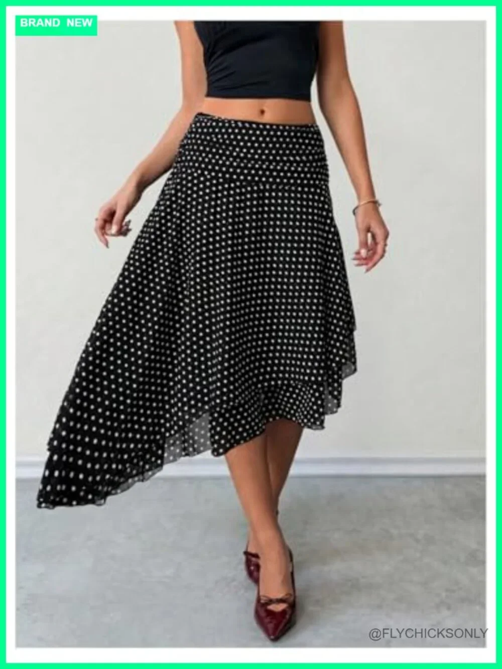 Y2K Mesh Midi Skirt Polka Dots Asymmetrical Low Rise Flowy Casual